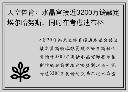 天空体育：水晶宫接近3200万镑敲定埃尔哈努斯，同时在考虑迪布林